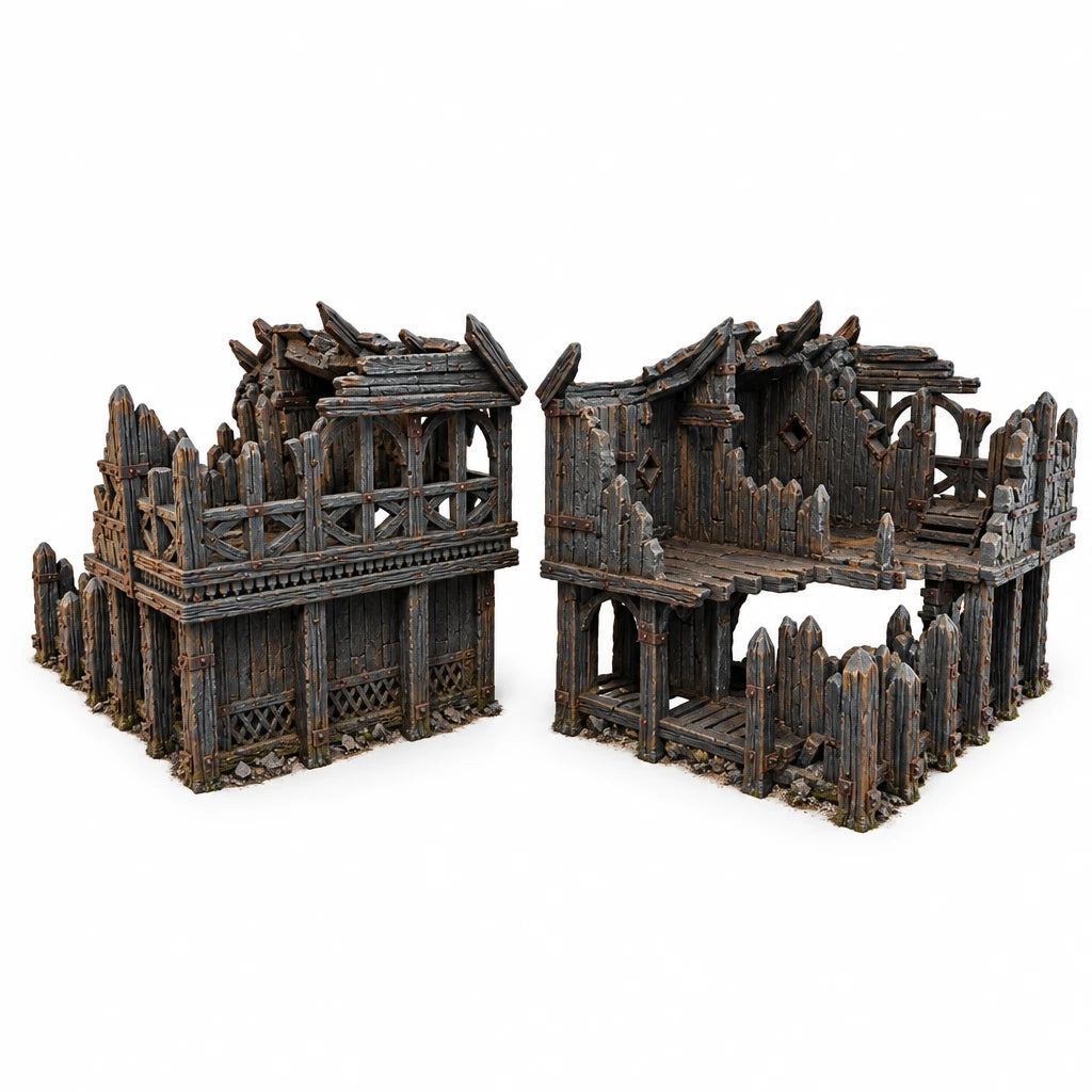 Two miniature models of ruined houses labeled 'Mudifjord' on a dark background with branding information.