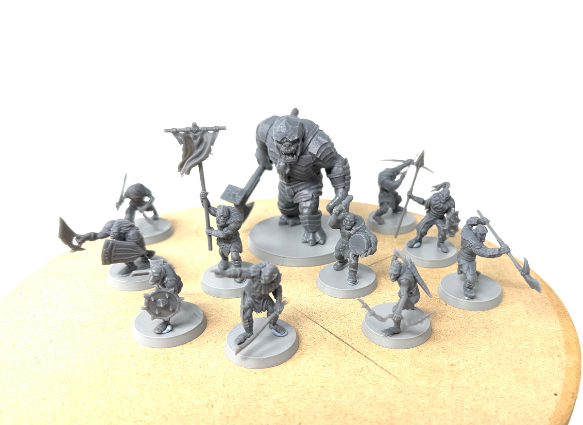 Orc Warband with Troll. 11 Unpainted Miniatures with Bases