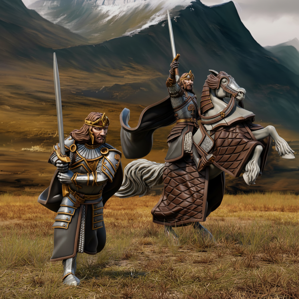 King Aranglor on foot and mounted