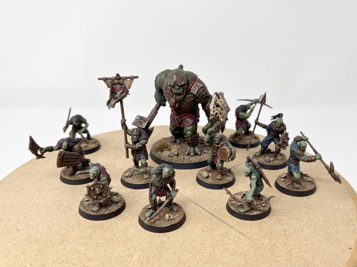 Orc Warband with Troll. 11 Unpainted Miniatures with Bases
